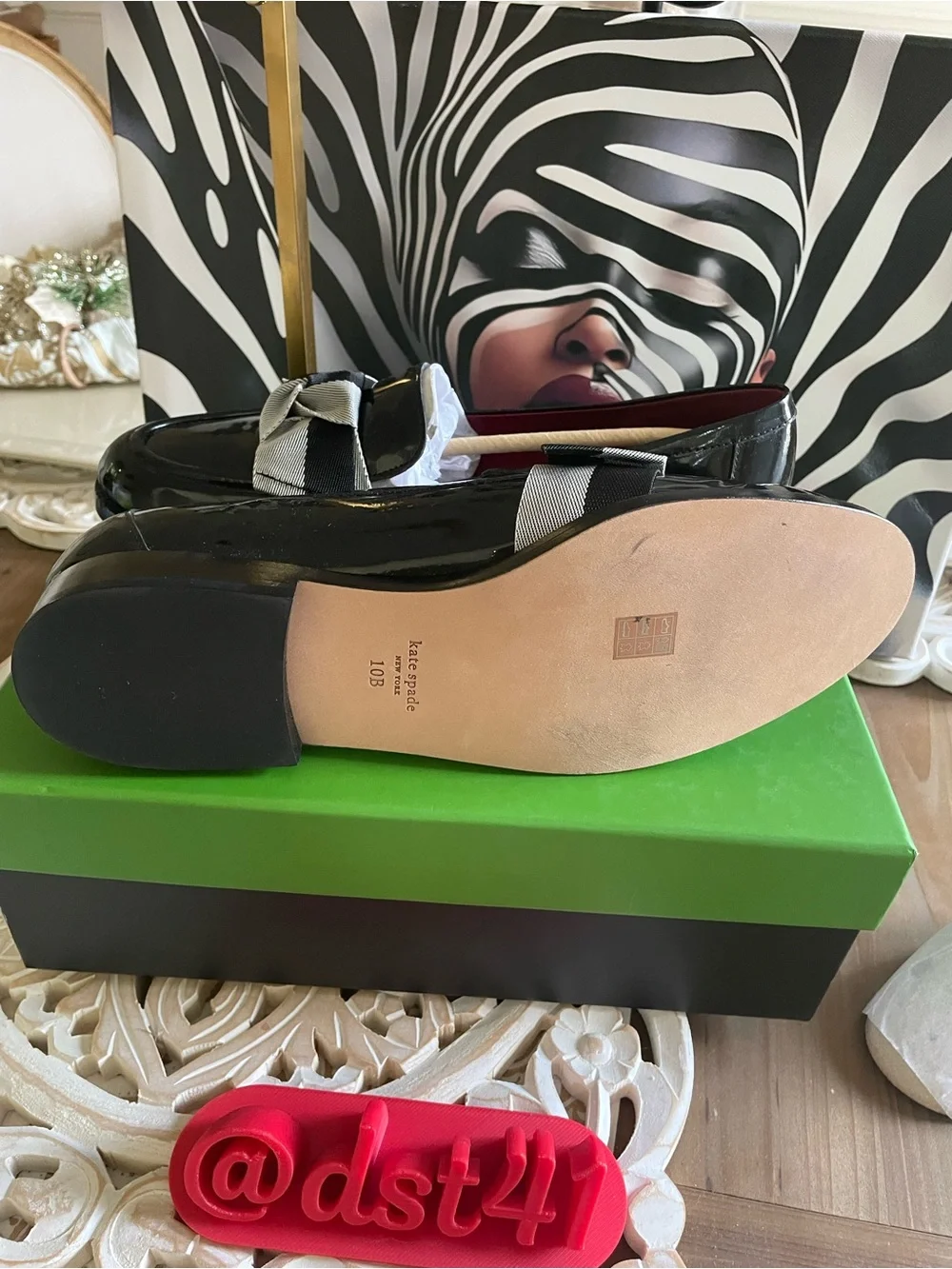 kate spade Black Patent Loafer with Two-Tone Bow Accent